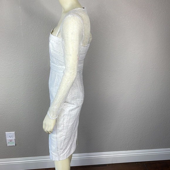NWOT Sau Square Neck Long Lace Sleeve White Sheath Dress Textured Bridal Sz 8 - Picture 4 of 14